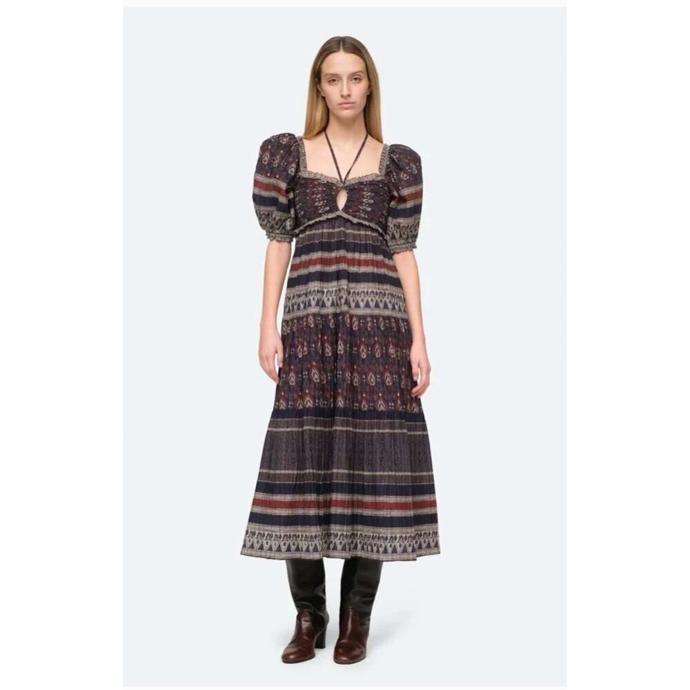 Sea New York Tasha Print Short Sleeve Tiered Midi Dress Navy Cotton Size Small